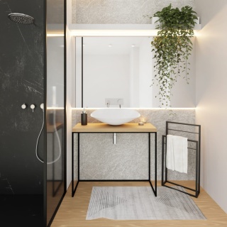 Konsola łazienkowa ANDREA 95 x 35 x 75 cm czarna z drewnianym blatem