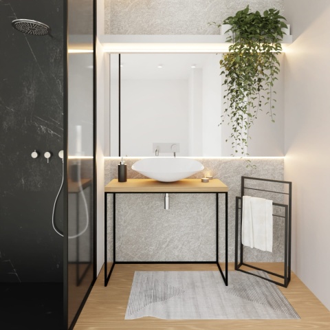 Konsola łazienkowa ANDREA 95 x 35 x 75 cm czarna z drewnianym blatem