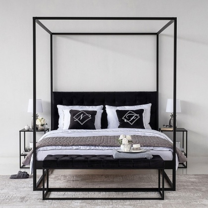Łóżko z baldachimem TELA - 200 × 200 cm, antracytowe z czarnym obiciem