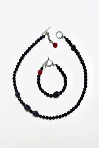 Komplet damski OWOCOWY NA CZARNYM AGACIE naszyjnik i bransoletka ciemny