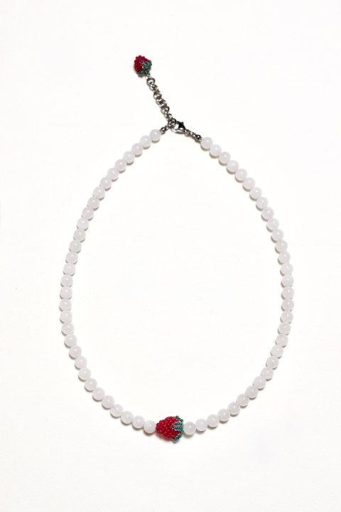 Naszyjnik damski TRUSKAWKA W ŚMIETANIE - Jadeit czerwień