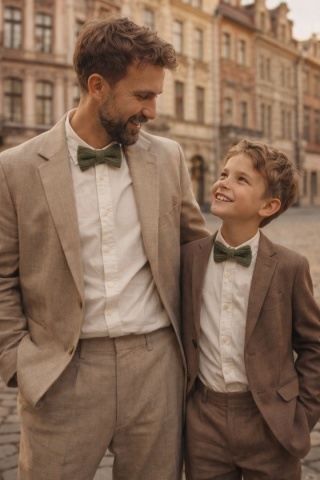 Zestaw muszek szydełkowych bawełnianych męska + dziecięca khaki