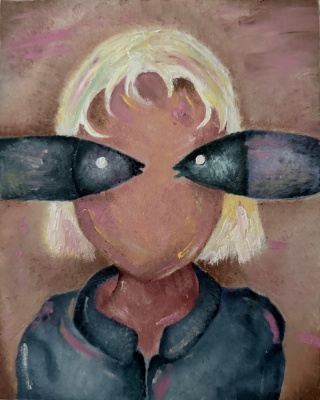 Obraz olejny na płótnie RYBIE OCZY cover 24 x 30 cm brązowe tło