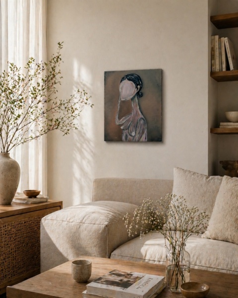 Obraz olejny na płótnie KOBIETA Z DŁUGĄ SZYJĄ 24 x 30 cm beżowe tło