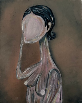 Obraz olejny na płótnie KOBIETA Z DŁUGĄ SZYJĄ 24 x 30 cm beżowe tło