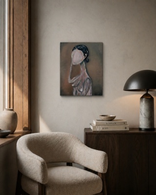 Obraz olejny na płótnie KOBIETA Z DŁUGĄ SZYJĄ 24 x 30 cm beżowe tło