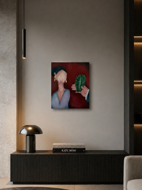 Obraz olejny na płótnie KOBIETA I KAKTUS 24 x 30 cm czerwone tło