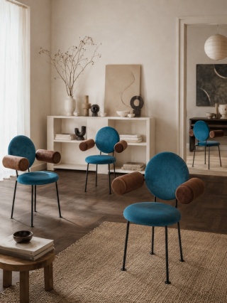 Fotel MEDALION designerski z podłokietnikami niebiesko brązowy