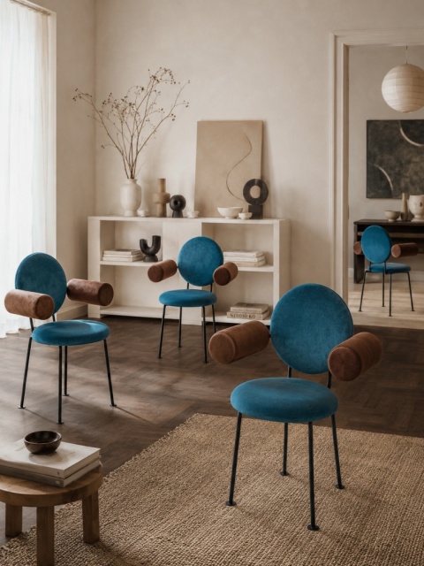Fotel MEDALION designerski z podłokietnikami niebiesko brązowy