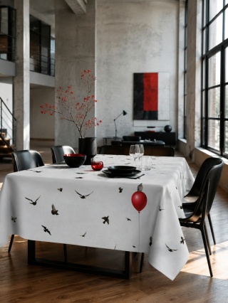 Obrus welurowy RED BALLON designerski wzór ptaki balon jasny