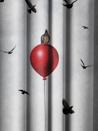 Obrus welurowy RED BALLON designerski wzór ptaki balon jasny
