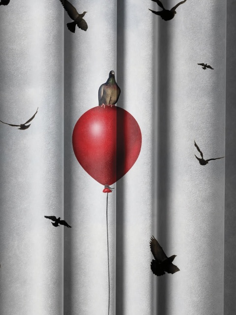 Obrus welurowy RED BALLON designerski wzór ptaki balon jasny