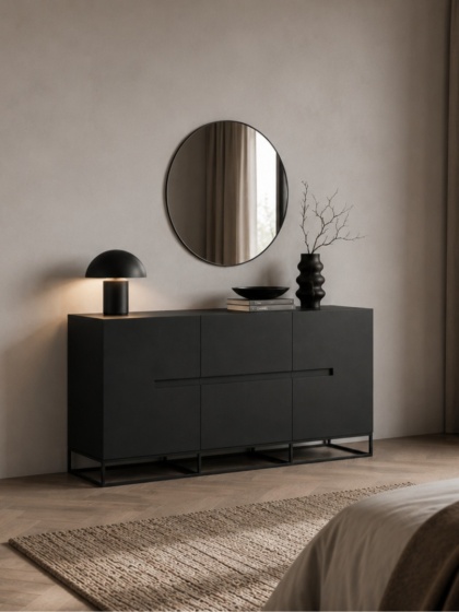Komoda SORENZO 140 x 76 cm na metalowych nogach czarna do salonu lub sypialni