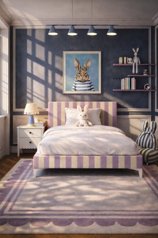 Łóżko dziecięce CANDY STRIPES LILAC tapicerowane z zagłówkiem w liliowe pasy do pokoju dziecka