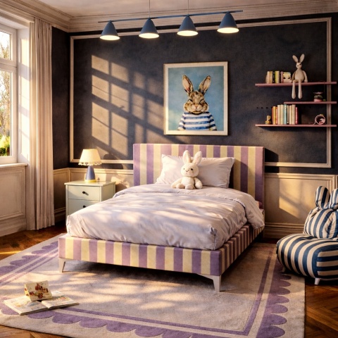 Łóżko dziecięce CANDY STRIPES LILAC tapicerowane z zagłówkiem w liliowe pasy do pokoju dziecka