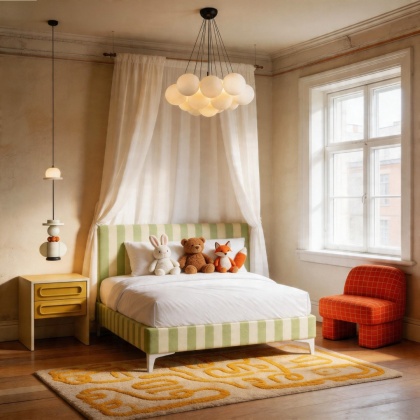 Łóżko dziecięce CANDY STRIPES LIME tapicerowane z zagłówkiem w limonkowe pasy do pokoju dziecka