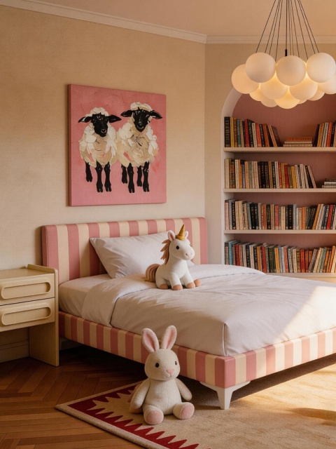 Łóżko dziecięce CANDY STRIPES PINK tapicerowane z zagłówkiem w różowe pasy do pokoju dziecka