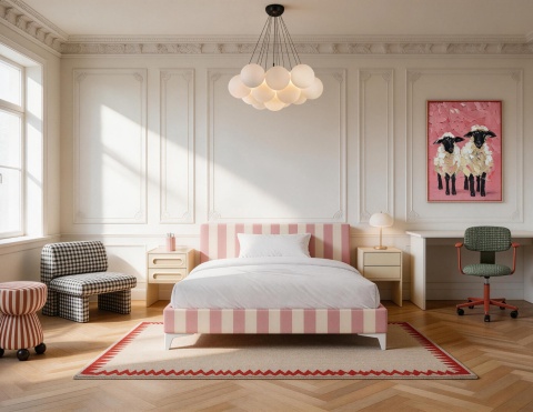 Łóżko dziecięce CANDY STRIPES PINK tapicerowane z zagłówkiem w różowe pasy do pokoju dziecka