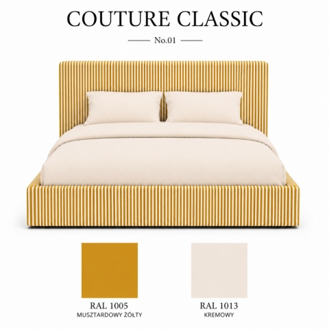 Łóżko tapicerowane COUTURE CLASSIC No.1 designerskie z zagłówkiem w żółte pasy do sypialni