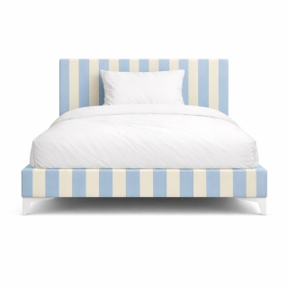 Łóżko dziecięce CANDY STRIPES BLUE tapicerowane z zagłówkiem w błękitne pasy do pokoju dziecka