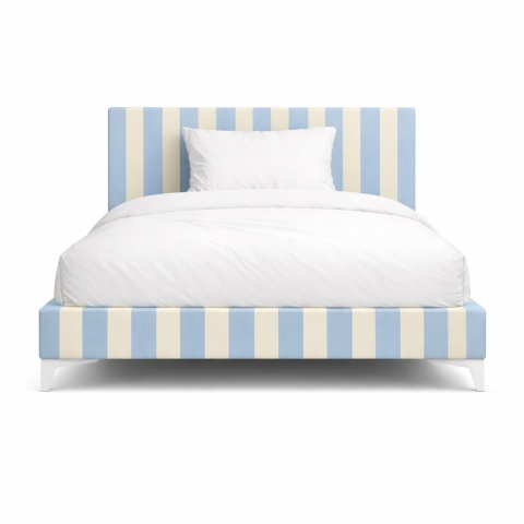 Łóżko dziecięce CANDY STRIPES BLUE tapicerowane z zagłówkiem w błękitne pasy do pokoju dziecka