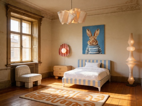 Łóżko dziecięce CANDY STRIPES BLUE tapicerowane z zagłówkiem w błękitne pasy do pokoju dziecka