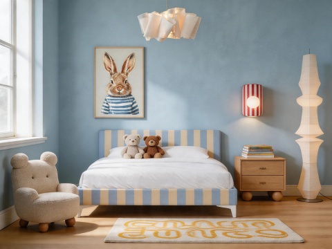 Łóżko dziecięce CANDY STRIPES BLUE tapicerowane z zagłówkiem w błękitne pasy do pokoju dziecka