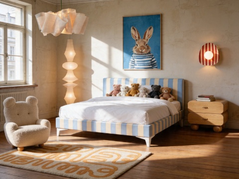 Łóżko dziecięce CANDY STRIPES BLUE tapicerowane z zagłówkiem w błękitne pasy do pokoju dziecka