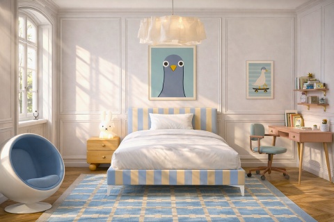 Łóżko dziecięce CANDY STRIPES BLUE tapicerowane z zagłówkiem w błękitne pasy do pokoju dziecka