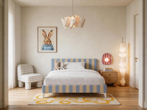 Łóżko dziecięce CANDY STRIPES BLUE tapicerowane z zagłówkiem w błękitne pasy do pokoju dziecka
