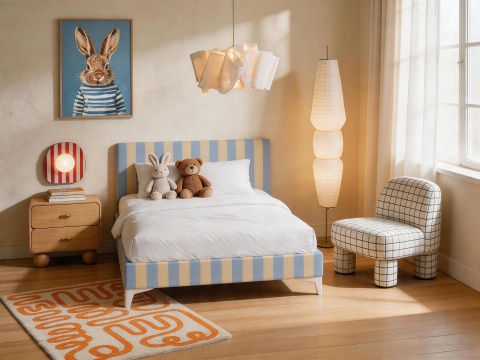 Łóżko dziecięce CANDY STRIPES BLUE tapicerowane z zagłówkiem w błękitne pasy do pokoju dziecka
