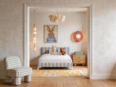 Łóżko dziecięce CANDY STRIPES BLUE tapicerowane z zagłówkiem w błękitne pasy do pokoju dziecka