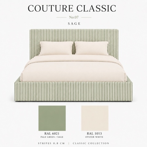 Łóżko tapicerowane COUTURE CLASSIC No.7 designerskie z zagłówkiem w zielone pasy do sypialni