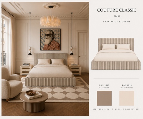 Łóżko tapicerowane COUTURE CLASSIC No.8 designerskie z zagłówkiem w beżowe pasy do sypialni