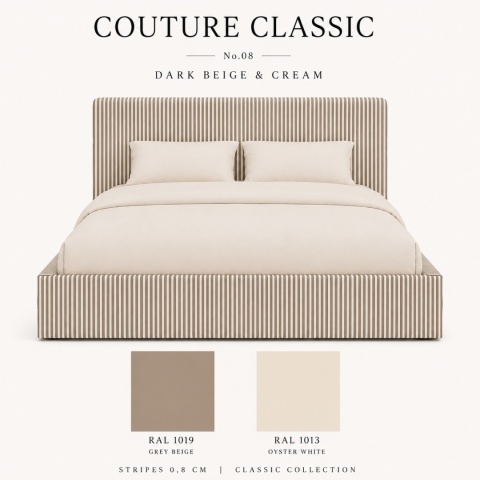 Łóżko tapicerowane COUTURE CLASSIC No.8 designerskie z zagłówkiem w beżowe pasy do sypialni