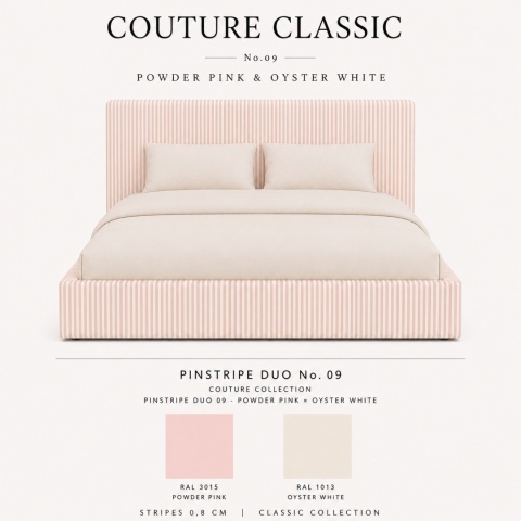 Łóżko tapicerowane COUTURE CLASSIC No.8 designerskie z zagłówkiem w różowe pasy do sypialni