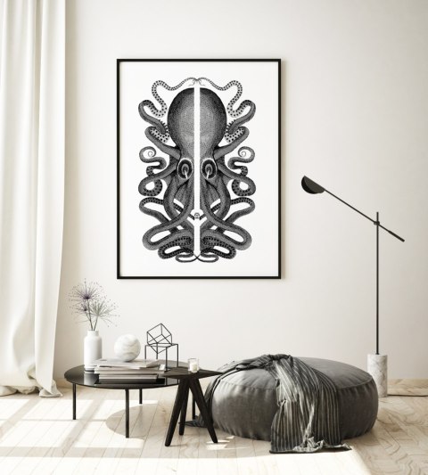 Plakat czarno-biała ośmiornica vintage do salonu lub sypialni
