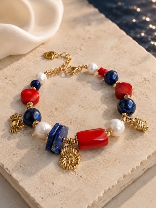 Bransoletka BLEU ROYAL koral, perła i lapis elegancka biżuteria dla kobiet