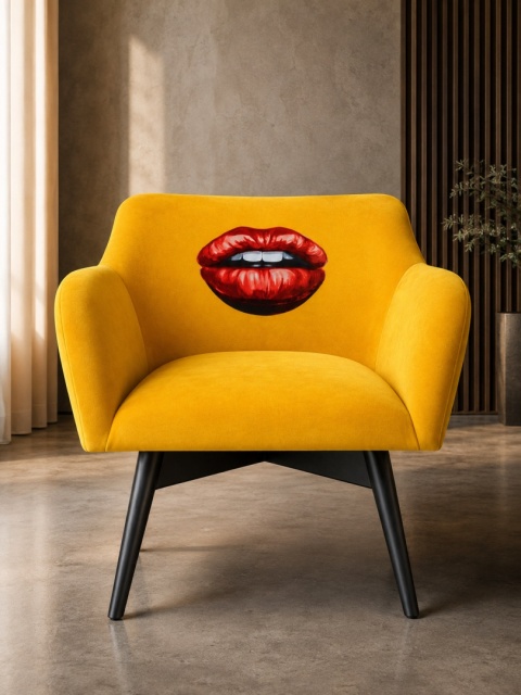 Fotel tapicerowany POP-ART usta designerski żółty do salonu lub sypialni