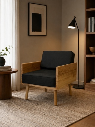 Fotel tapicerowany WOODIE z drewna dębowego designerski do salonu lub sypialni