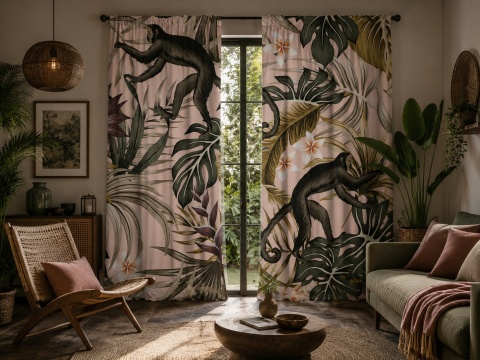 Komplet 2 szt zasłon zaciemniających JUNGLE welurowe designerskie z grafiką