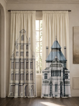 Komplet 2 szt zasłon zaciemniających TOWN HOUSE welurowe designerskie z grafiką