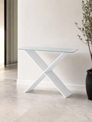 Konsola ALEX 110 x 35 cm szklany blat i metal biała do przedpokoju