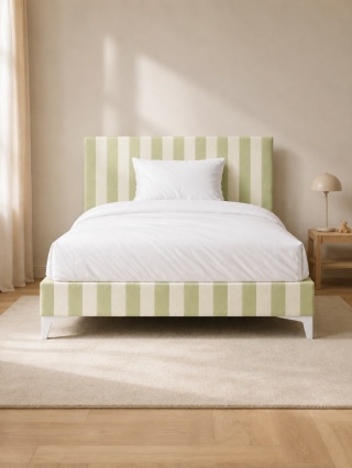 Łóżko dziecięce CANDY STRIPES LIME tapicerowane z zagłówkiem w limonkowe pasy do pokoju dziecka
