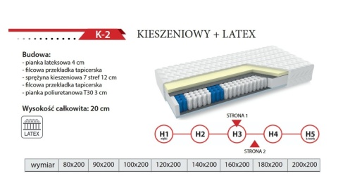 Materac kieszeniowy SOMA REST K-2 + LATEX dwustronny średniotwardy / twardy 20 cm