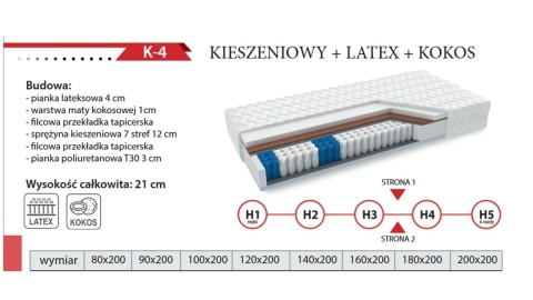 Materac kieszeniowy SOMA REST K-4 + LATEX + COCOS dwustronny średniotwardy / twardy 21 cm