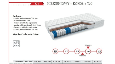 Materac kieszeniowy SOMA REST K-7 + COCOS + pianka T30 dwustronny średniotwardy / twardy 20 cm