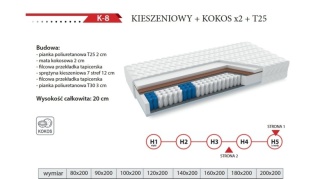 Materac kieszeniowy SOMA REST K-8 + COCOS x2 + pianka T25 dwustronny średniotwardy / twardy 20 cm