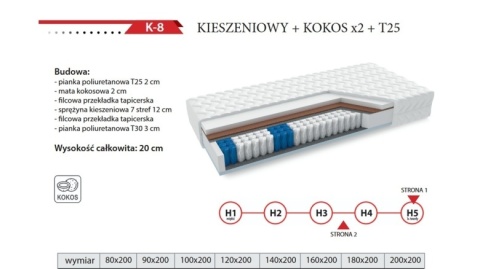 Materac kieszeniowy SOMA REST K-8 + COCOS x2 + pianka T25 dwustronny średniotwardy / twardy 20 cm