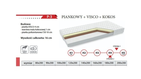 Materac piankowy SOMA REST P-3 + VISCO + COCOS dwustronny średniotwardy / twardy 16 cm